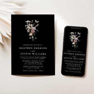 Schwarze Boho-Blumen-Hochzeitseinladung mit Monogr Einladung