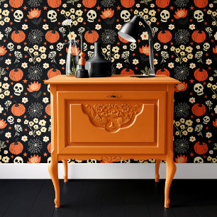 Schwarze Boho-Halloween-Totenköpfe und Kürbisse Tapete