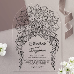 Schwarze Boho-Mandala-Blattrebe Hochzeit Acryleinladungen