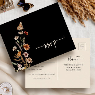Schwarze Boho-RSVP-Hochzeitskarte Postkarte