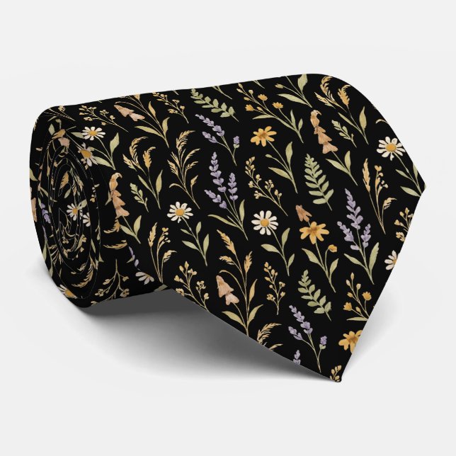 Schwarze Boho-Wiesenblumen-Blumenflor Krawatte (Gerollt)
