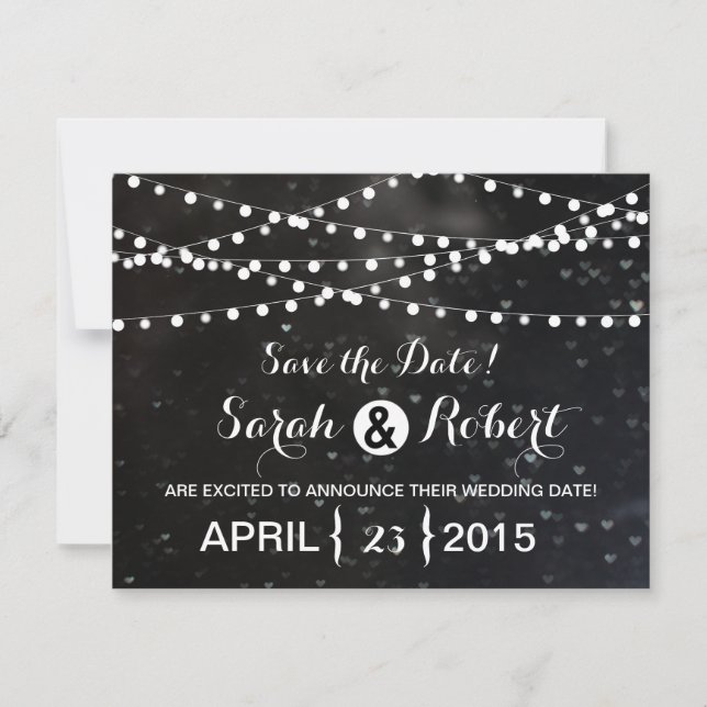Schwarze Bokeh-Lichterkette Save the Date (Vorderseite)