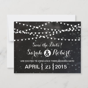 Schwarze Bokeh-Lichterkette zur Hochzeitseinladung Save The Date