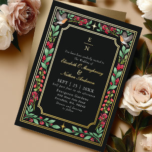 Schwarze botanische Blumen-Garten-Hochzeit mit Zau Folieneinladung