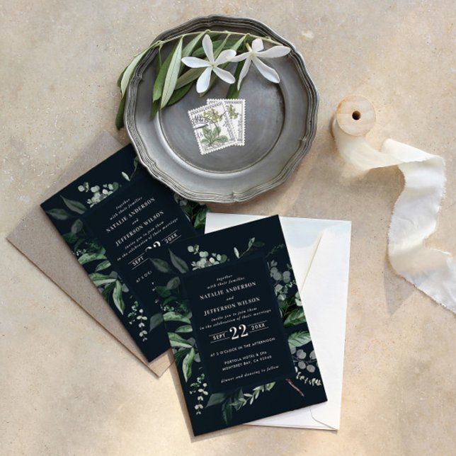 Schwarze botanische florale elegante Hochzeitsdeta Einladung (Von Creator hochgeladen)