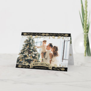 Schwarze botanische Foto-Weihnachtskarte aus Gold Karte