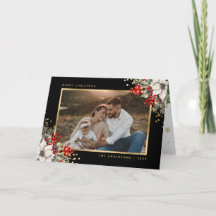 Schwarze botanische Foto-Weihnachtskarte aus Gold Karte