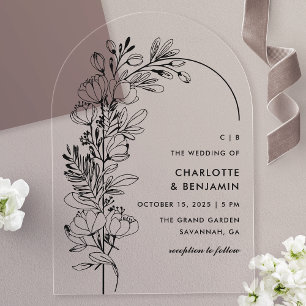 Schwarze Botanische Minimalistische Bogenhochzeit Acryleinladungen