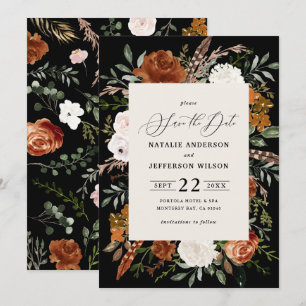 Schwarze botanische rustikale, elegante Hochzeit Save The Date