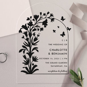 Schwarze botanische Schmetterlings-Bogen-Hochzeit Acryleinladungen