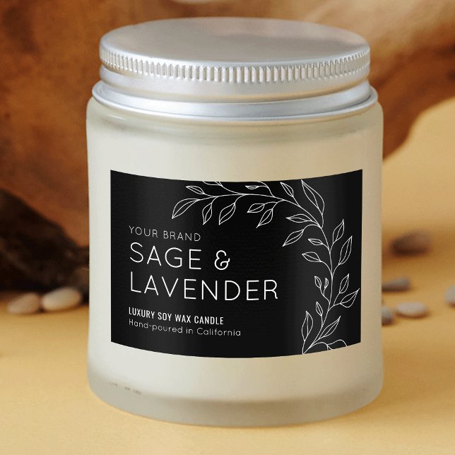 Schwarze, botanische Vegetation Lebensmitteletikett (Elegant minimalist botanical design waterproof product label in black and white)