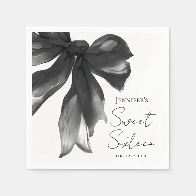 Schwarze Bow Coquette Schrift Süße 16 Party Serviette (Vorderseite)