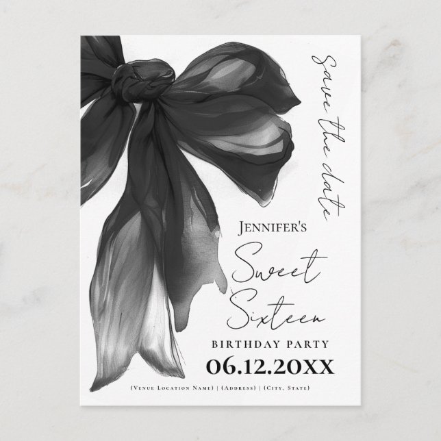 Schwarze Bow Coquette Sweet 16 Save-the-Date Postkarte (Vorderseite)