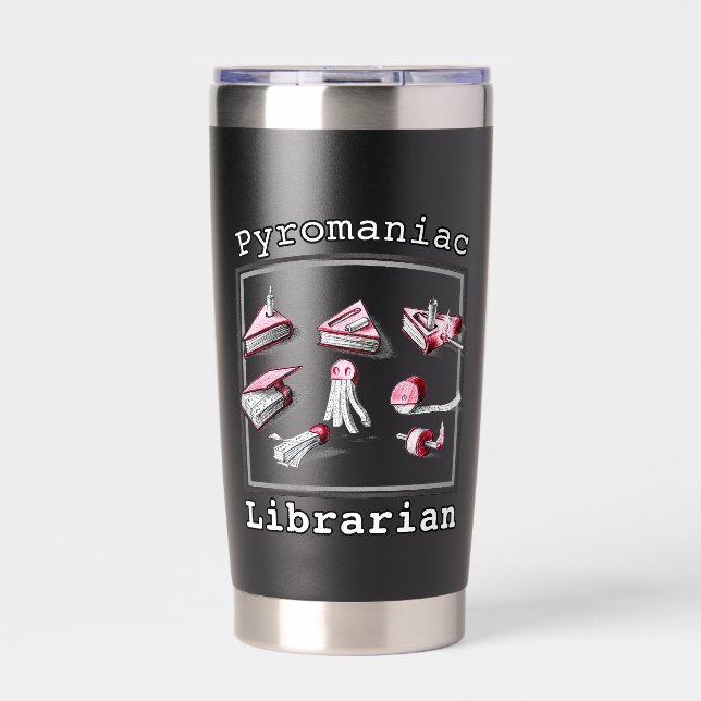 Schwarze Buchskizzen für Pyromane-Bibliotheken Thermobecher (Vorderseite)