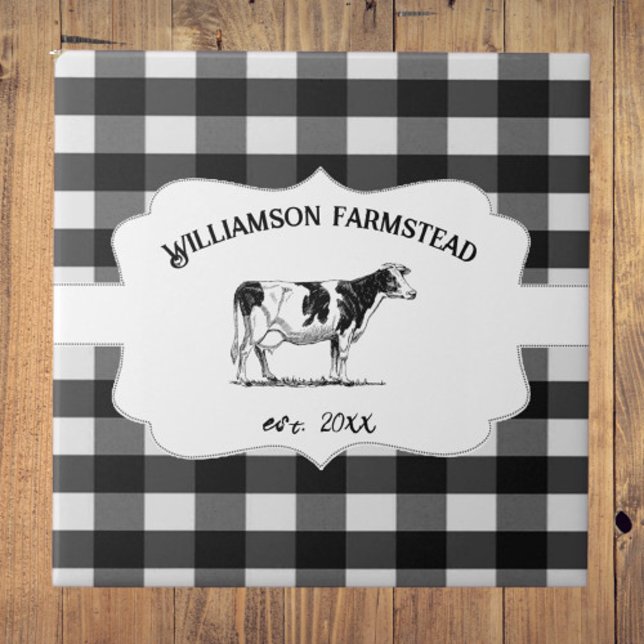Schwarze Buffalo Karierte Landkühe dekorativ Fliese (Black Buffalo Plaid Farm Cow Decorative Ceramic Tile)