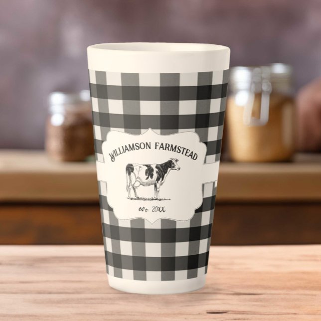 Schwarze Buffalo Karierte Landkühe Latte Tasse (Black Buffalo Plaid Farm Cow Latte Mug)