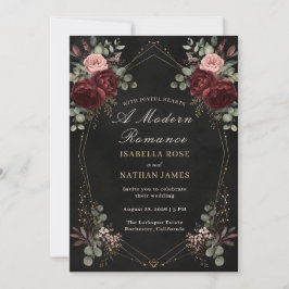 Schwarze Burgunder-Gold-Blumen-Hochzeitseinladung