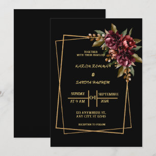 Schwarze Burgunder- und Gold-Blumen Hochzeit im mo Einladung