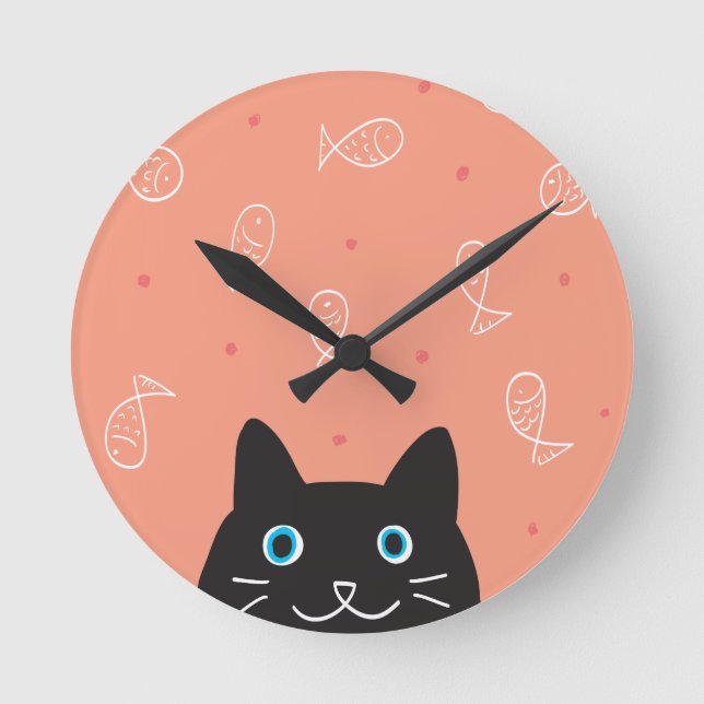 Schwarze Cat & Fish Wall Uhr (Vorderseite)