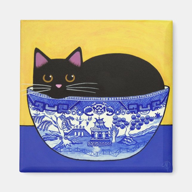 Schwarze CAT in Blue Willow Bowl Square Magnet (Vorne)