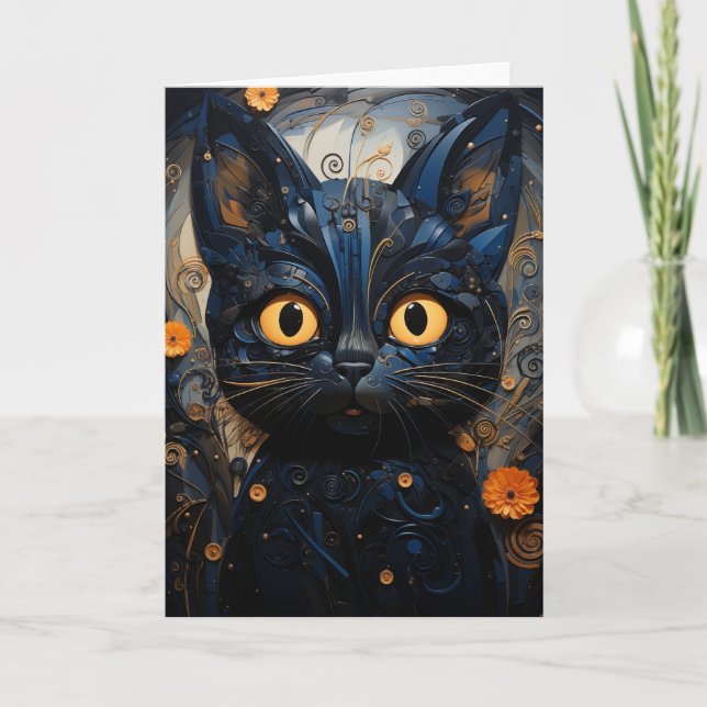 Schwarze Cat Orange Blume Jeden Anlaß Karte (Vorderseite)