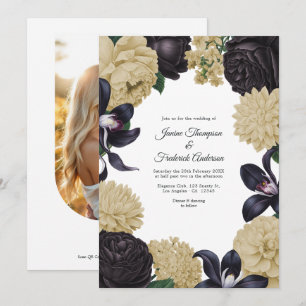 Schwarze & Champagner-Foto-/QR-Code-Floral-Hochzei Einladung
