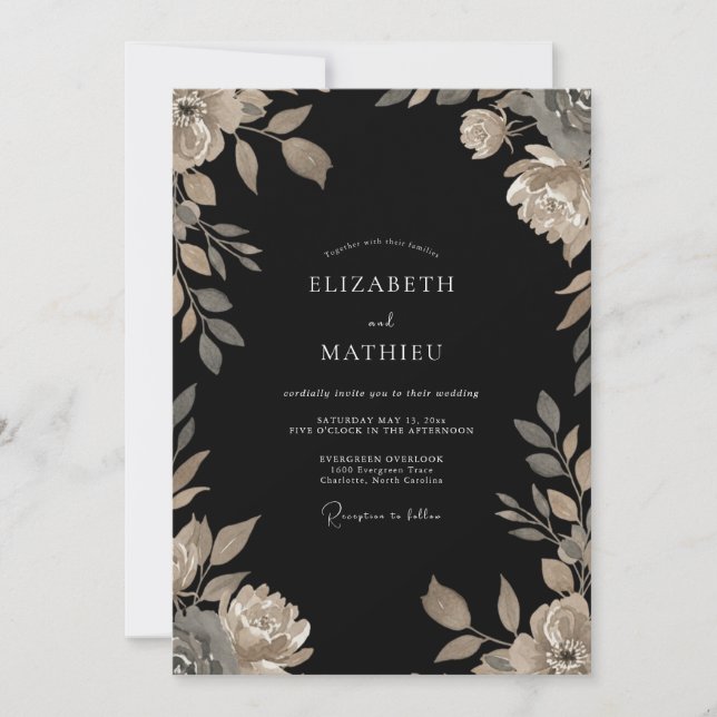 Schwarze Champagner-Reben-Hochzeit Einladung (Vorderseite)