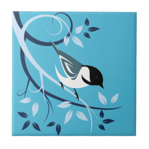 Schwarze Chickade auf Baumzweig Fliese