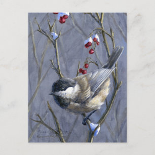 Schwarze Chickade Winter Rote Berries und Schnee Postkarte