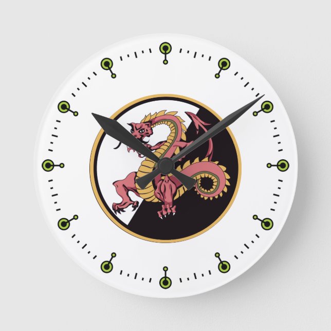 Schwarze chinesische Drache-Wanduhr Runde Wanduhr (Vorderseite)