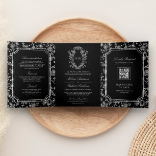 Schwarze Chinoiserie-Wappen-Hochzeit mit QR-Code Dreifach Gefaltete Einladung