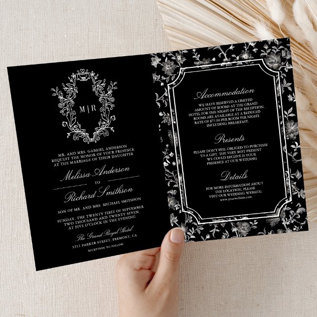 Schwarze Chinoiserie-Wappen-Hochzeit mit QR-Code Einladung (Von Creator hochgeladen)