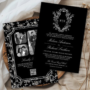 Schwarze Chinoiserie-Wappen-Hochzeit mit QR-Code Einladung