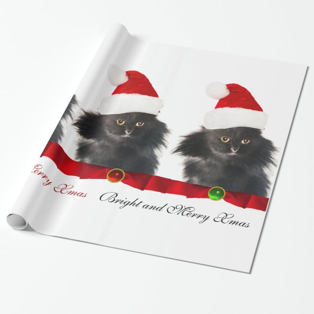 SCHWARZE CHRISTMAS KATZE, SANTA CLAUS HAT UND ROTE GESCHENKPAPIER (Ungerollt)