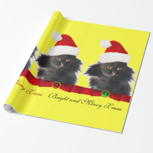 SCHWARZE CHRISTMAS KATZE, SANTA CLAUS HAT UND ROTE GESCHENKPAPIER