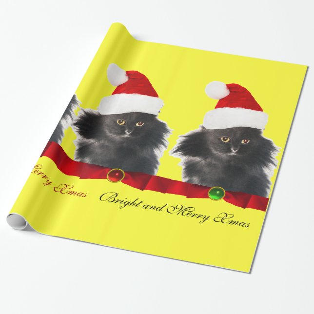 SCHWARZE CHRISTMAS KATZE, SANTA CLAUS HAT UND ROTE GESCHENKPAPIER (Ungerollt)