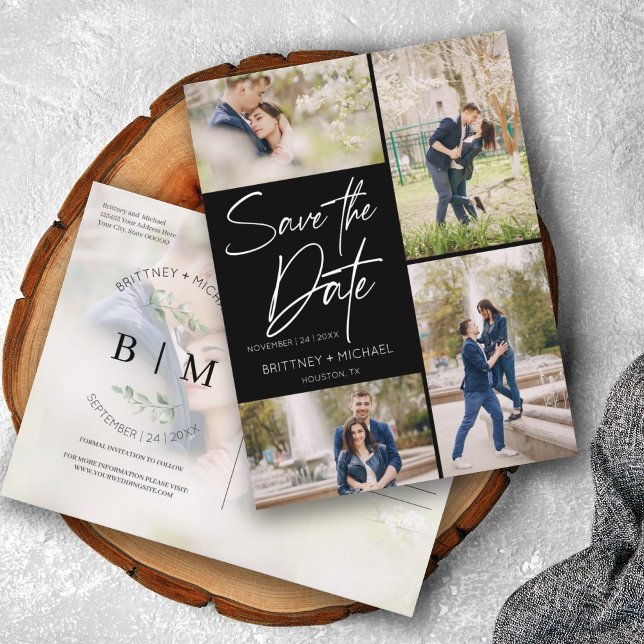 Schwarze Collage Save the Date mit Handschrift Ankündigungspostkarte (Von Creator hochgeladen)