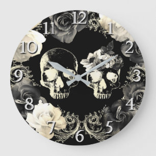 Schwarze Creme grauer Totenkopf-Schädel, Gothic Gl Große Wanduhr