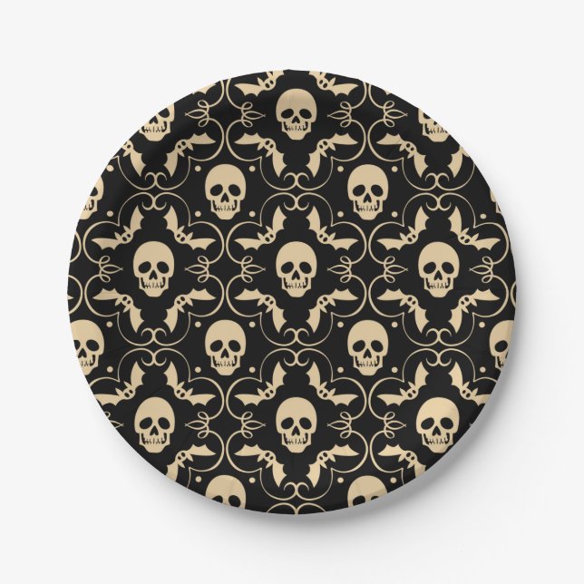 Schwarze & cremefarbene Halloween-Schädel & -Flede Pappteller (Vorderseite)