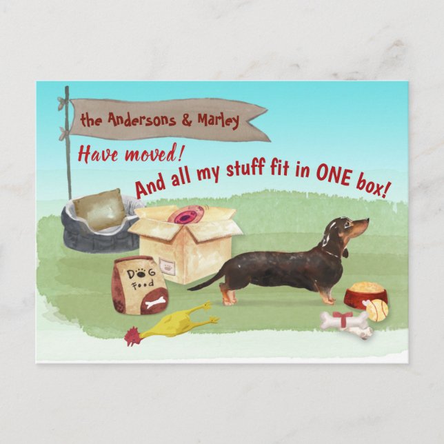 Schwarze Dackel Dog Toys unsere neue Zuhause Postkarte (Vorderseite)