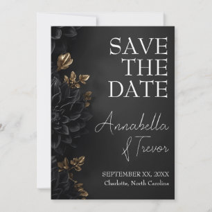 Schwarze Dahlien & Gold Moody Florale Hochzeit Save The Date