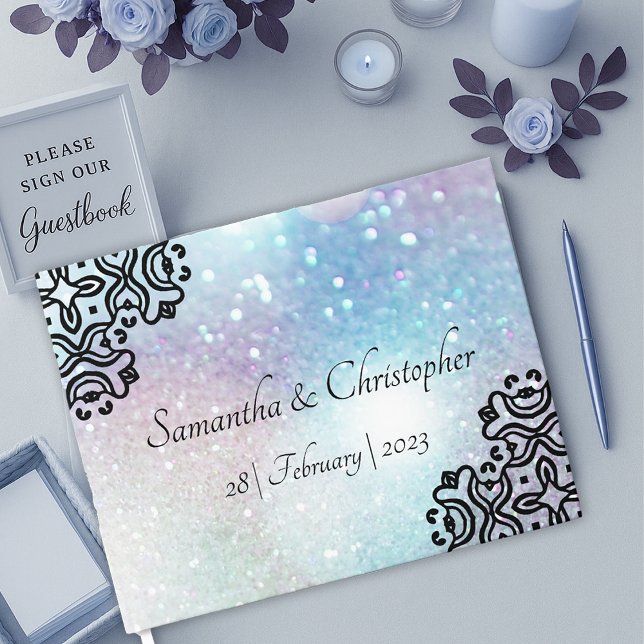 Schwarze Damaskalspitze und pastellfarbene Glitzer Gästebuch (Black Damask Lace and Pastel Sparkles Wedding Guest Book by Graphic Allusions)