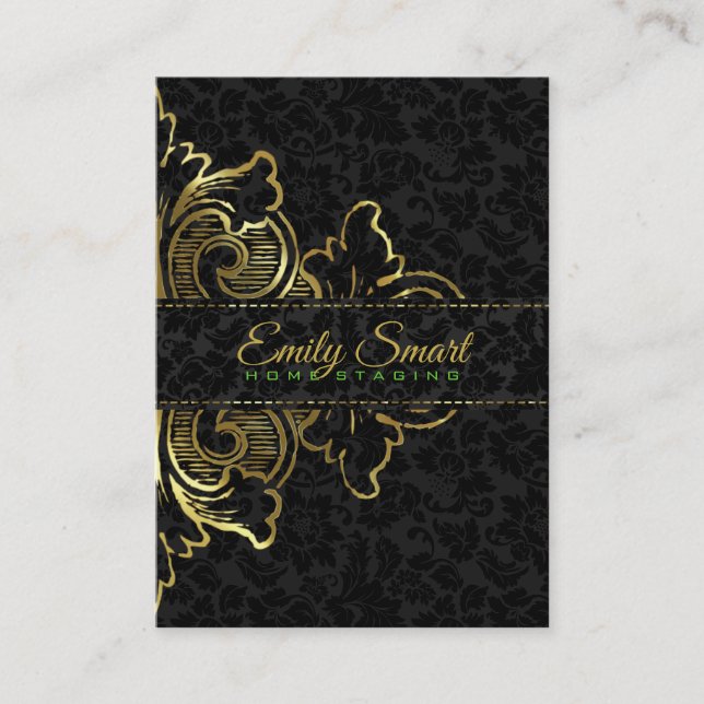 Schwarze Damaskas Gold Blumendekoration Visitenkarte (Vorderseite)
