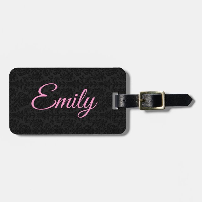 Schwarze Damasken Muster Pink Typografie Gepäckanhänger (Vorderseite horizontal)