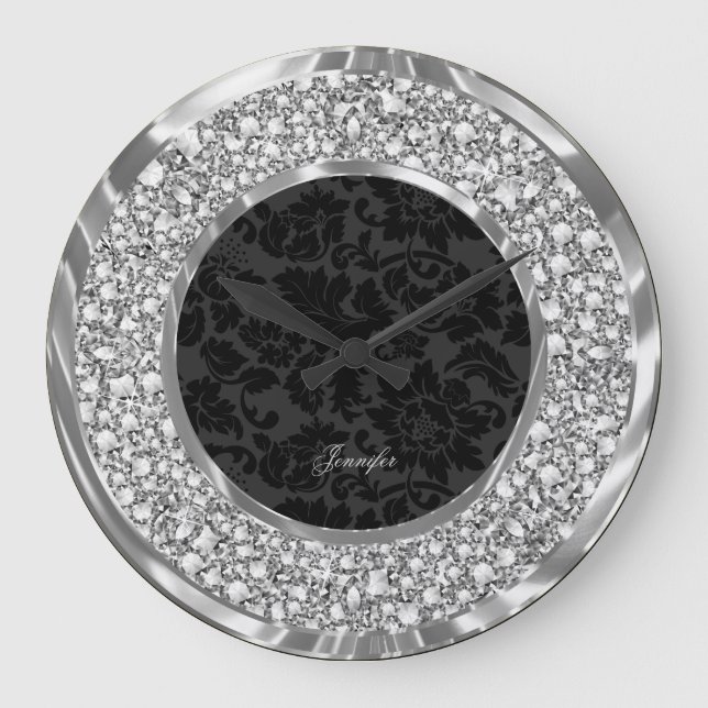 Schwarze Damasken Sparkling-Imitate Diamonds Glitz Große Wanduhr (Vorderseite)