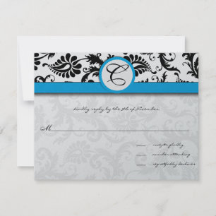 Schwarze Damast Aquamarin Besatz Hochzeitseinladun RSVP Karte