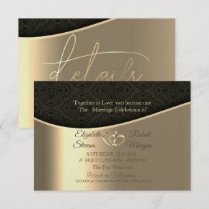 Schwarze Damast Goldene Herzen Hochzeit & Geschenk Einladung