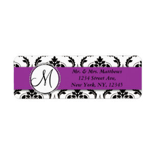 Schwarze Damast-Purple-Monogramm-Rücksendeadresse