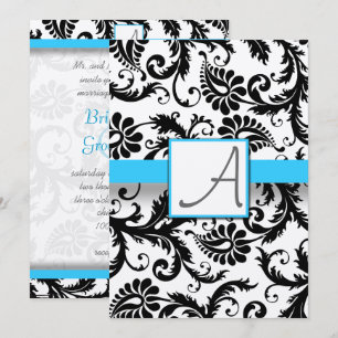 Schwarze Damast Wirbel Bright Aqua Trim No Dots Einladung