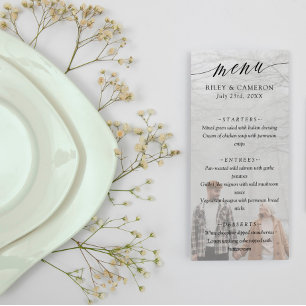 Schwarze Delikatkalligraphie Elegantes Foto Hochze Menükarte